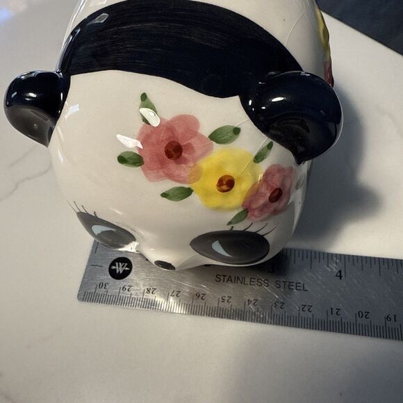 Adorable PANDA BEAR Ceramic PIGGY-BANK With Pink And Yellow Flower White/Black - Picture 7 of 8
